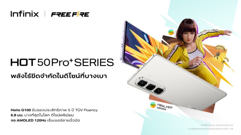 อินฟินิกซ์ เปิดตัว HOT 50 Pro+ เกมมิ่งสมาร์ทโฟนที่มาพร้อมความบางและความทนทาน ตอบโจทย์ทุกไลฟ์สไตล์ ในราคาสุดปัง   พร้อมสิทธิ์ลุ้นรับไอเทมจาก Free Fire!