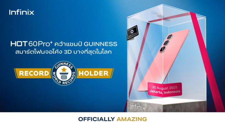 อินฟินิกซ์ ส่ง Infinix HOT 60 Pro+ บันทึกสถิติใหม่บน GUINNESS WORLD RECORDS™ ขึ้นแท่นสมาร์ทโฟนจอโค้งสามมิติที่บางที่สุดในโลก