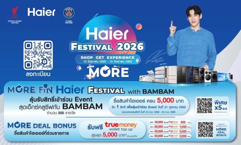 ไฮเออร์ เปิดเทศกาลช้อปแห่งปี “Haier Festival 2026” ช้อปคุ้ม ลุ้นเจอ “แบมแบม”  และโบนัส TrueMoney Wallet สูงสุด 5,000 บาท
